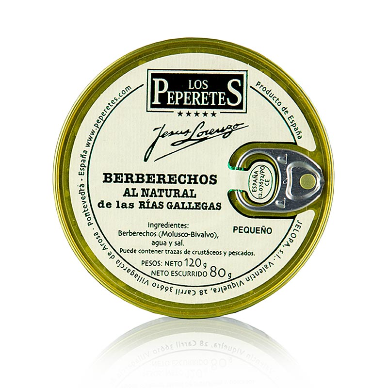 Palourdes 60-70 - Berberecho de Carril, Los Peperetes, Espagne, 120 g - Coques conservées dans de l'eau chaude salée de la manufacture Los Peperetes en Galice, idéales pour les pâtes toutes vongole et les plats de poisson