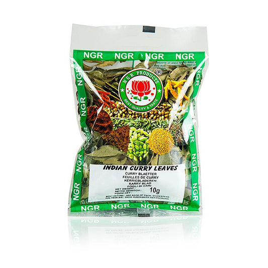 Feuilles de curry séchées de NGR, 10 g, avec un arôme frais et agréable de mandarine, parfaites pour aromatiser les plats de riz et de lentilles dans la cuisine du sud de l'Inde et du Sri Lanka.