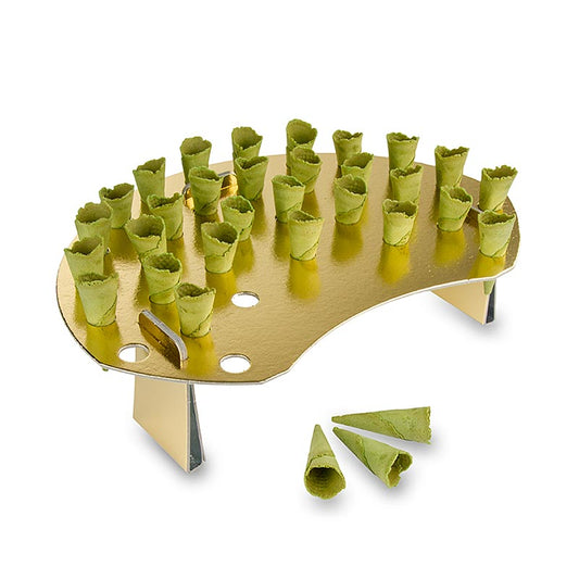 Mini-cornets Basic, neutre, vert, ø 2,5x7cm, avec support pour gaufrettes, 1,04 kg, 260 pcs - Cornets gaufrés en carton dur/feuille d'or, idéal pour les créations fingerfood Y compris le support pour mini-cornets pour 32 cornets Pas d'huile végétale