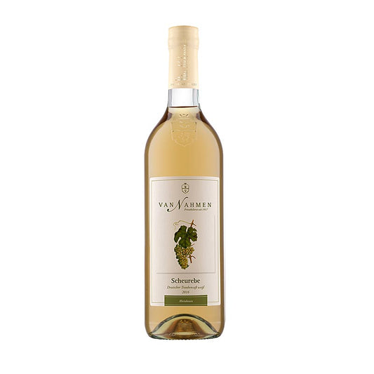 Scheureben Traubensaft weiß, 100% Direktsaft, van Nahmen, BIO, 750 ml - Image du produit avec description de la transformation des fruits et de la tradition de la cave privée van Nahmen à Hamminkeln en Rhénanie