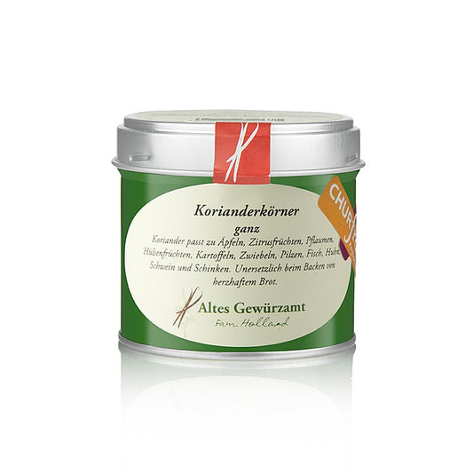 Korianderkörner ChurFranken, ganz, Altes Gewürzamt, 45 g - Fruit séché et aromatique d'une plante en ombelle originaire de la région méditerranéenne Utilisé comme épice à la maison, pour mariner, faire mariner, frotter la viande et dans l'industrie de la pâtisserie de longue durée