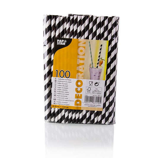 Pailles en papier noir et blanc à rayures, écologiques et durables, de 20 cm de long et résistantes à une température maximale de 23 °C pendant 60 minutes.
