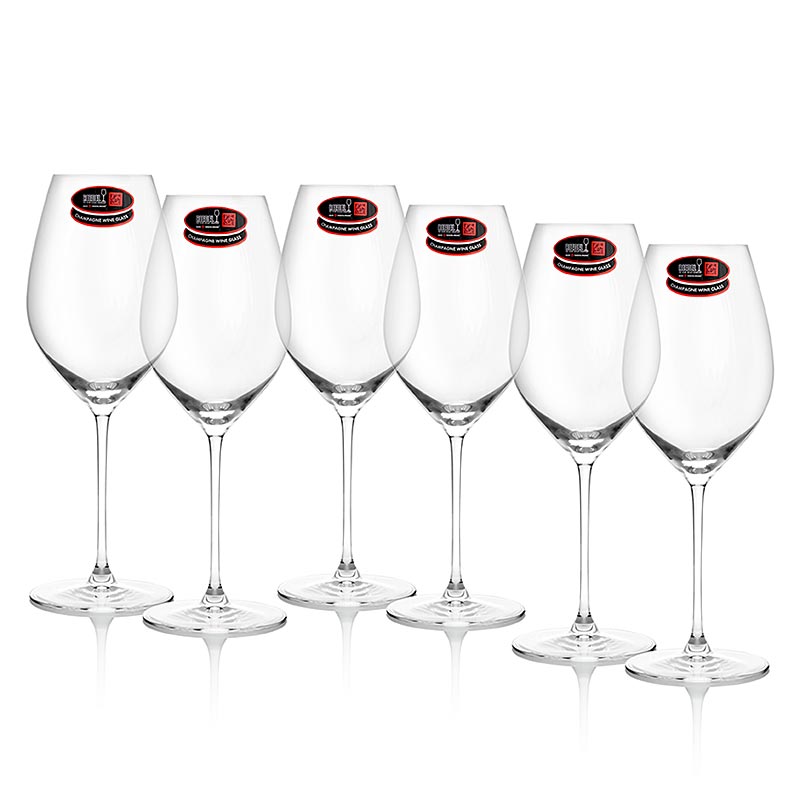 Verre Riedel Veritas - Champagne (0449/28), dans une boîte cadeau, 6 pcs - Verre à champagne fabriqué à la machine avec la série de verres ultralégers Riedel Veritas, adapté à un usage quotidien, avec un diamètre de bord plus grand pour le développement des arômes et un point de Moussier pour la formation des bulles de champagne, résistant au lave-vaisselle, hauteur : 235 mm, contenance : 445 ccm