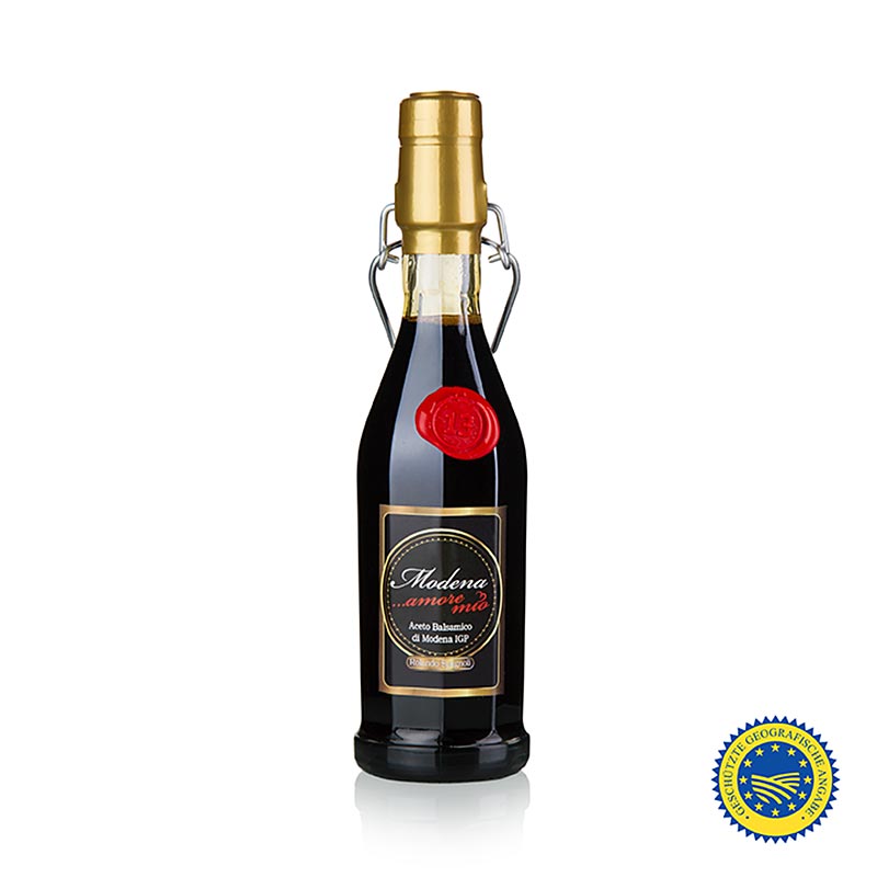 Vinaigre balsamique de Modène IGP/ggA Amore Mio, 13 ans, acidité min. 6%, 250 ml - Une bouteille de vinaigre balsamique de Modène de qualité supérieure, vieilli 13 ans, acidité min. 6%, en bouteille de 250 ml