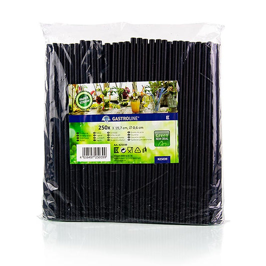 Pailles en papier jetables, noir, ø 6mm, 19,7cm, 250 pcs - Pailles écologiques, durables, biodégradables, fabriquées à partir de matières premières rapidement renouvelables Le revêtement de cire biologique empêche le gonflement pendant jusqu'à 60 minutes, stable et adapté aux aliments pour les boissons froides jusqu'à environ 24 °C