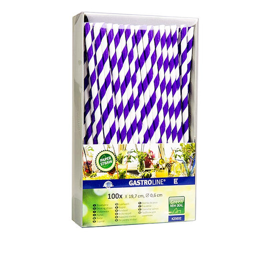 Paille en papier jetable, violet-blanc, 19,7cm, 100 pcs - Paille en papier écologique, durable et biodégradable avec revêtement de cire bio Convient pour les boissons froides jusqu'à environ 24 °C Résistant à la température, convient pour les aliments, neutre au goût et grand teint
