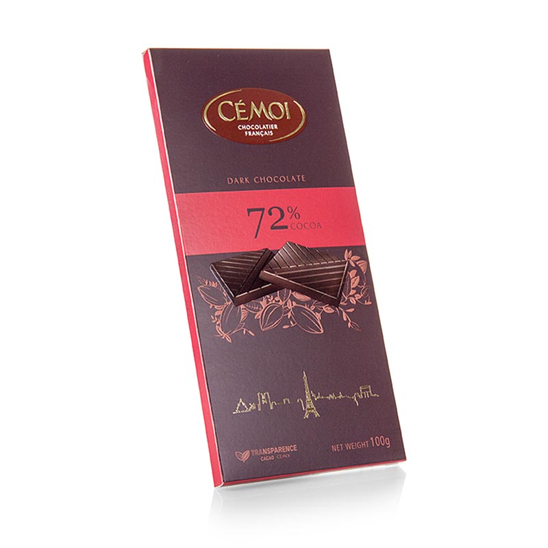 Tablette de chocolat - Noir 72% cacao, Cémoi, 100 g - Chocolat noir 72% cacao, fabriqué par Cémoi, paquet de 100 grammes