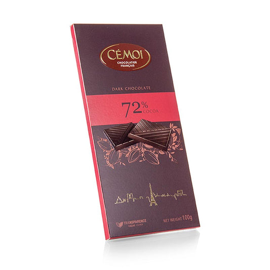 Tablette de chocolat - Noir 72% cacao, Cémoi, 100 g - Chocolat noir 72% cacao, fabriqué par Cémoi, paquet de 100 grammes