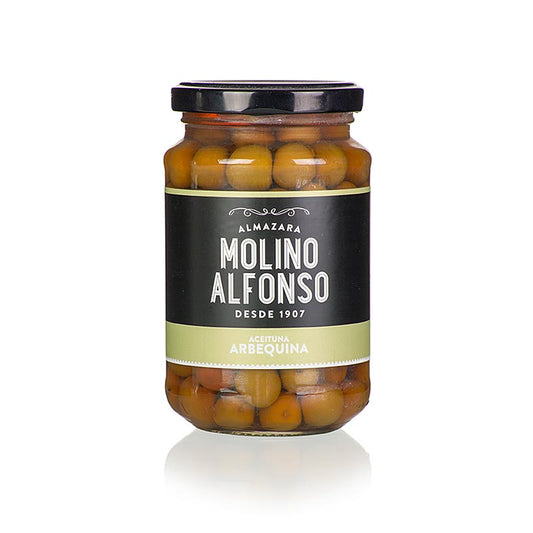Petites olives vertes Arbequina en saumure, Molino Alfonso, 355 g, goût très aromatique