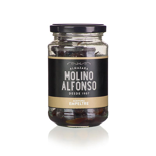 Olives noires dénoyautées, Empeltre, naturelles, goût intense, idéales pour les tapas ou les salades, chair juteuse, 200 g
