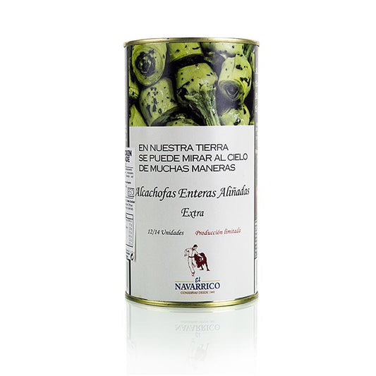Artichauts marinés de Navarrico, parfaits en tapas, marinés à l'huile, au vinaigre, aux herbes et aux épices, débarrassés des feuilles extérieures, coupés en rond, avec le pédoncule