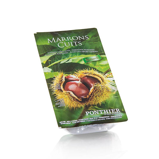 Marrons de Ponthier précuits, pelés et emballés sous vide, 400 g, idéaux pour farcir ou accompagner viandes, gibiers, volailles et poissons, ainsi que pour les salades rustiques, les pommes au four et les pâtisseries.