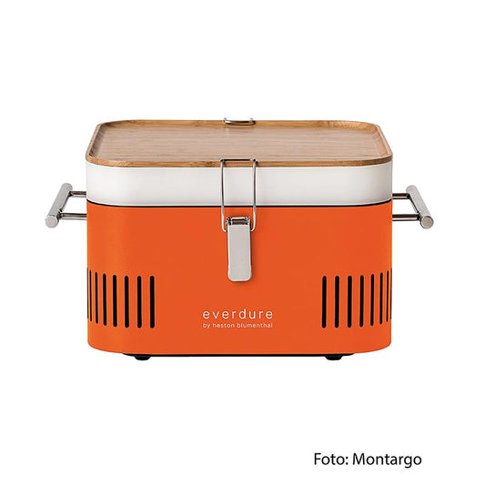 Barbecue portable au charbon de bois CUBE en orange, conçu par Everdure Montargo / Heston Blumenthal