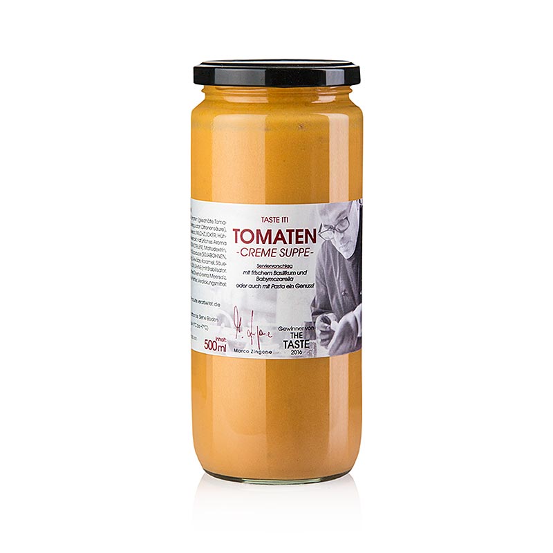 Soupe à la crème de tomates Marco Zingones, 500 ml, délicieusement crémeuse et tomate, avec baby mozzarella, basilic frais et ricotta