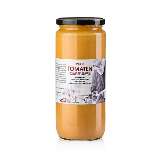 Soupe à la crème de tomates Marco Zingones, 500 ml, délicieusement crémeuse et tomate, avec baby mozzarella, basilic frais et ricotta