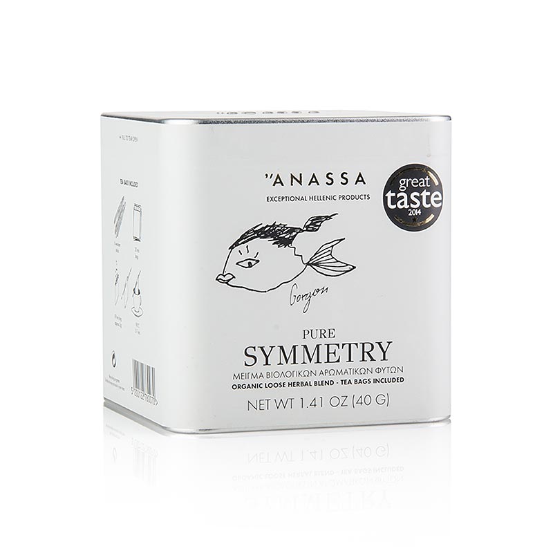 ANASSA Pure Symmetry Tea, un thé aux herbes en vrac de 40g avec 20 sachets de thé BIO, illustrant l'emballage du produit biologique