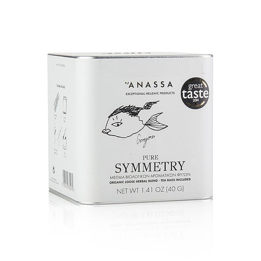 ANASSA Pure Symmetry Tea, un thé aux herbes en vrac de 40g avec 20 sachets de thé BIO, illustrant l'emballage du produit biologique