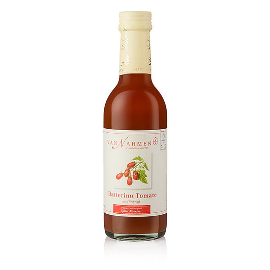 250 ml Van Nahmen - Datterino Jus de tomate, 100% pur jus, produit à partir de tomates Datterino sucrées, allongées, d'un rouge profond, au profil aromatique passionnant et sans additifs, dans la cidrerie et l'entreprise privée de vinification van Nahmen à Hamminkeln en Rhénanie.