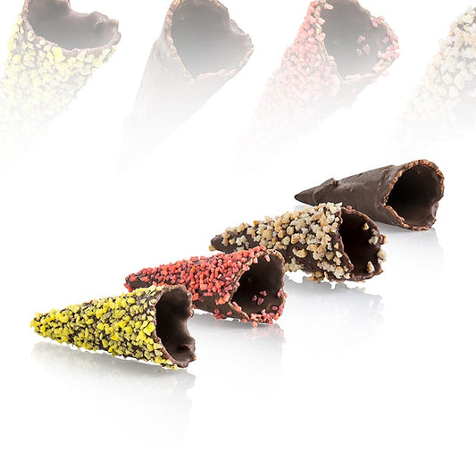 Mini-cornets Gold, assortiment de choco-croquants, 4 sortes, ø 2,5x7,5cm, 1,8 kg, 180 pcs - délicieux assortiment de pâtisseries et de desserts avec des mini-cornets uniques en quatre sortes
