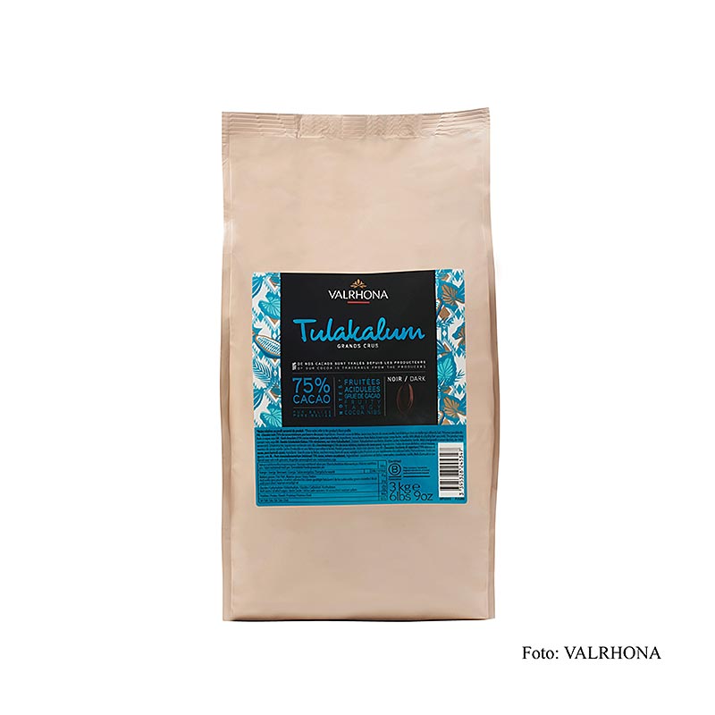 Valrhona Tulakalum couverture noire, Callets, 75% cacao, 3 kg - Chocolat spécial au goût légèrement amer et aux notes expressives d'agrumes, qui s'accorde avec les oranges