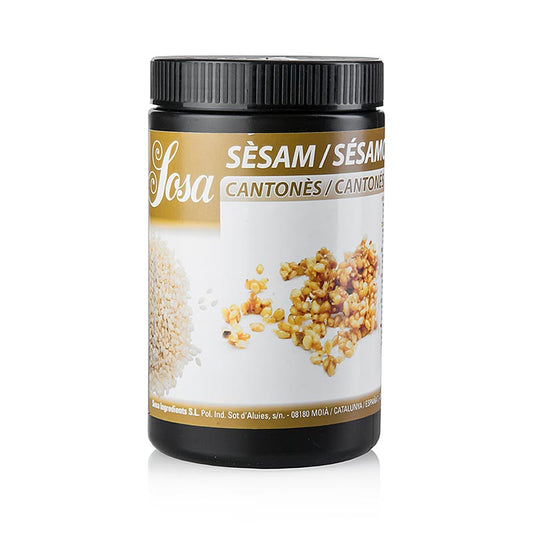 Graines de sésame caramélisées au goût léger et cantonais, idéales pour agrémenter desserts, gâteaux et salades, conditionnées dans un emballage pratique de 600g.