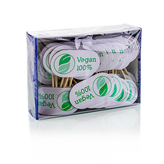 Brochettes en bois avec panneau et inscription Vegan pour grillades et pâtisseries