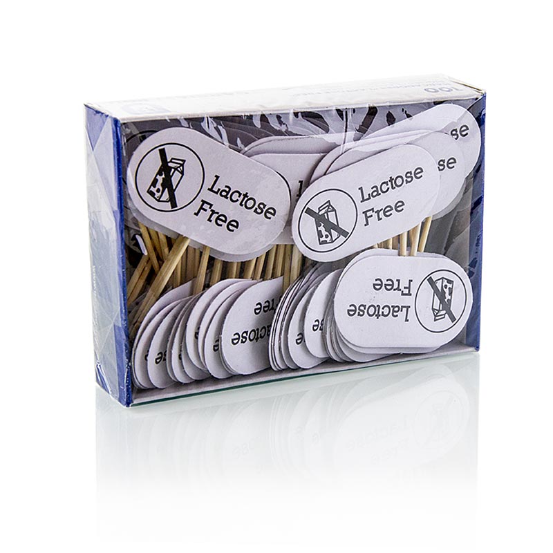 Pics en bois, avec étiquette, avec inscription "Lactose Free", 8cm, 100 pcs