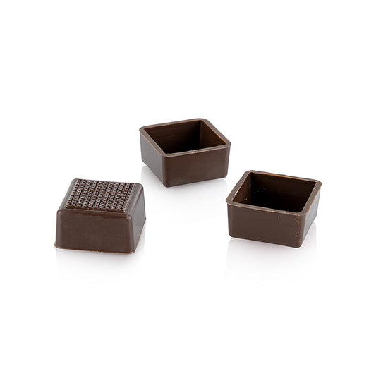 Coques de pralinés en forme de carré en chocolat noir, 25mm en haut, 24mm en bas, 14mm de haut, 3g/pièce