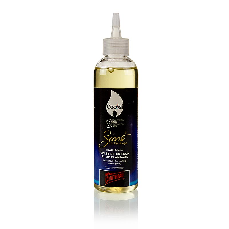 La photo représente le produit Secret de Flambage Cointreau, gelée de flambage, Cookal, 200 ml, une gelée végétale à haute teneur en alcool pour parfumer et flamber les plats, sans résidus d'alcool ni de fumée Idéal pour flamber et servir des plats enflammés en toute sécurité