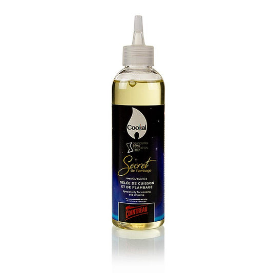 La photo représente le produit Secret de Flambage Cointreau, gelée de flambage, Cookal, 200 ml, une gelée végétale à haute teneur en alcool pour parfumer et flamber les plats, sans résidus d'alcool ni de fumée Idéal pour flamber et servir des plats enflammés en toute sécurité