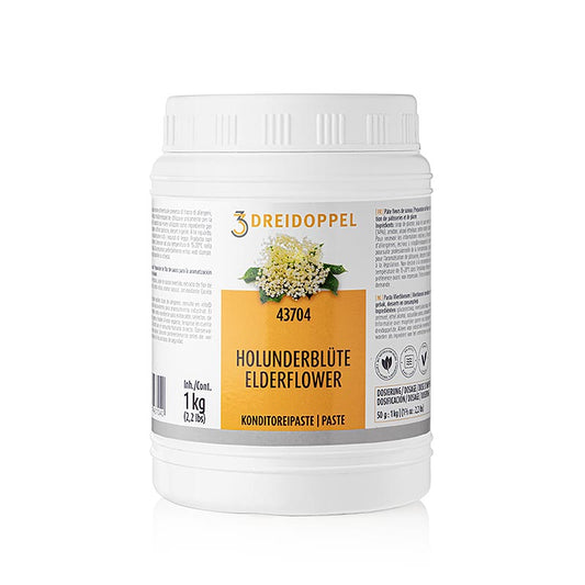 Pâte de fleurs de sureau, Dreidoppel, No437, 1 kg - Convient pour aromatiser les crèmes, la crème, les glaces, les desserts, les pralinés, les gâteaux, le fromage blanc et les pâtisseries Contient des extraits d'arômes, des arômes naturels, de la poudre de vin blanc, de l'extrait de café, du caramel, du brandy, des noisettes, du sirop de glucose et de sucre inverti