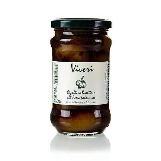 Oignons Borettane marinés au vinaigre balsamique, 285 g - Oignons triés au vinaigre balsamique foncé, s'unissent en un mélange équilibré d'acidité douce et de douceur noble
