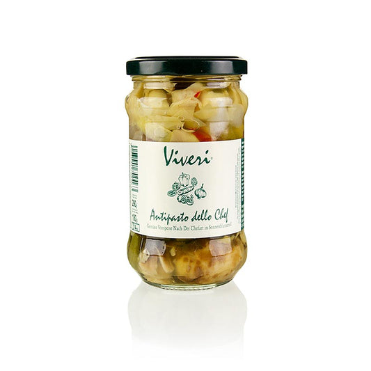 Antipasti mélangés marinés - dello Chef, à l'huile de tournesol, 290 g : Différentes sortes de légumes marinés avec des épices, parfaits pour les plateaux d'entrées méditerranéens