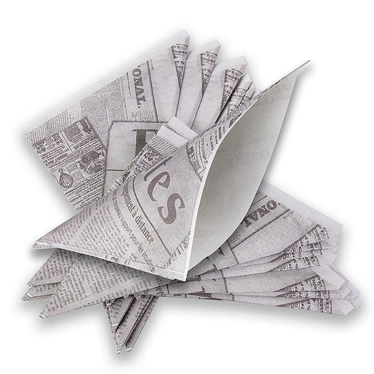 Sachets jetables Snack Fish & Chips/Pommes Frites, avec impression papier journal, 14cm, 2200 pcs - Sachets sans graisse et sans danger pour les aliments pour la streetfood typique comme fish & chips, dans le style du papier journal