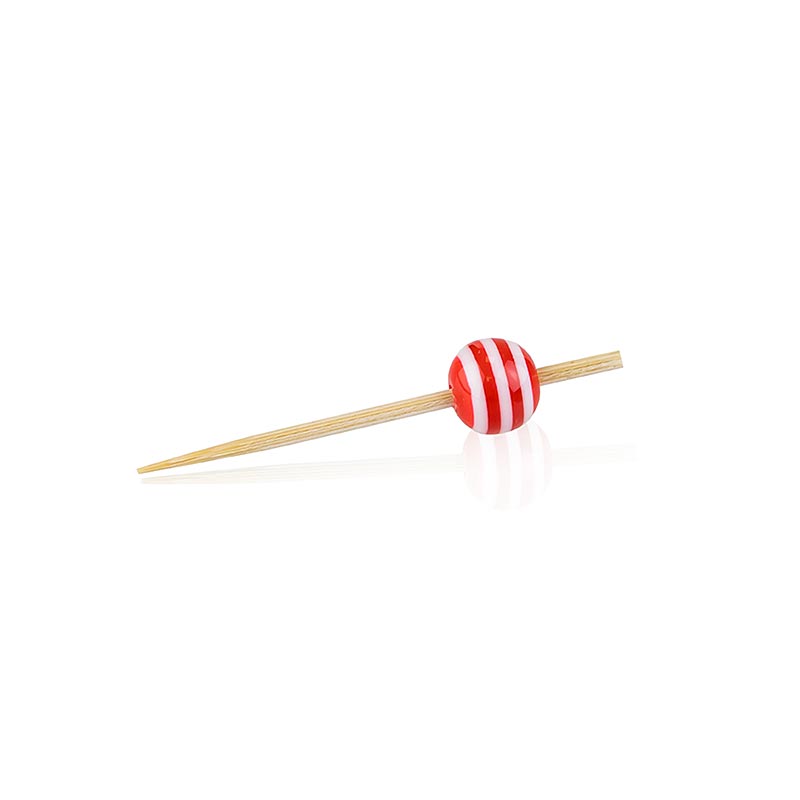 Brochettes en bois, avec boule de cristal rayée rouge/blanc, 5cm, 100 pcs - Brochettes décoratives et de qualité pour canapés, finger food et autres Idéales pour les événements et les bars Grand choix de brochettes visuellement attrayantes chez BOSFOOD