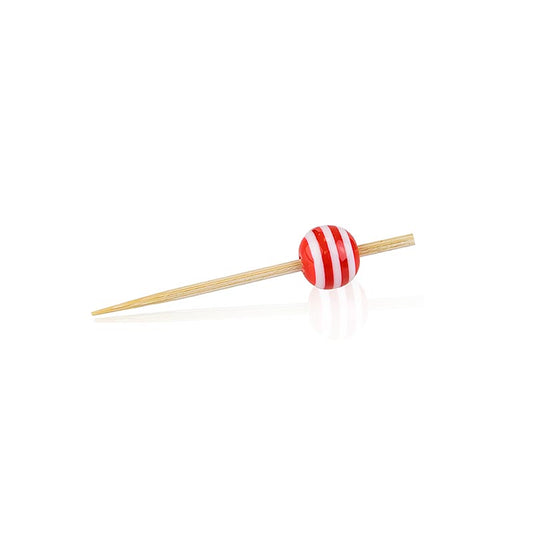 Brochettes en bois, avec boule de cristal rayée rouge/blanc, 5cm, 100 pcs - Brochettes décoratives et de qualité pour canapés, finger food et autres Idéales pour les événements et les bars Grand choix de brochettes visuellement attrayantes chez BOSFOOD