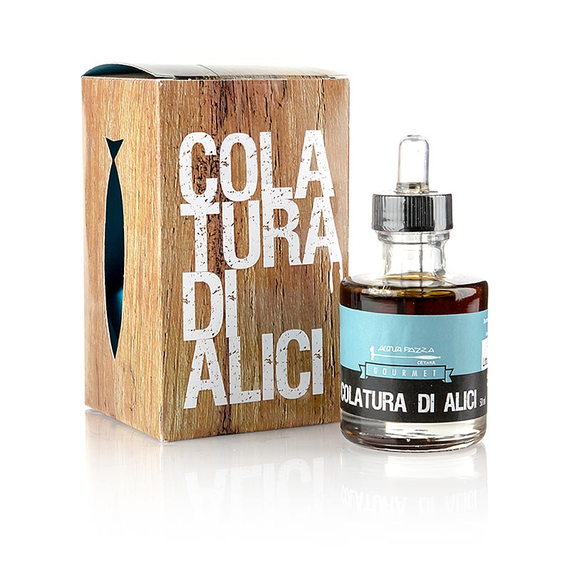 Colatura di Alici, Sauce d'anchois, Bouteille à pipette, Acquapazza, 50 ml - Liquide brun foncé produit traditionnellement à partir d'anchois fermentés, vieilli pendant 18 mois dans des fûts de châtaignier, utilisé comme substitut du sel dans les plats de pâtes et condiment connu dans la Rome antique sous le nom de garum