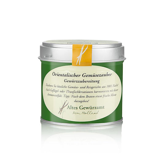 Oriental Gemmelsezauber Préparation d'épices de Altes Gewürzamt, 80 g : Diversité d'arômes pour de délicieux plats de légumes et de riz des 1001 nuits, parfait également pour les créations à base de volaille ou de thon, avec le conseil d'ajouter un peu de menthe fraîche après la cuisson.