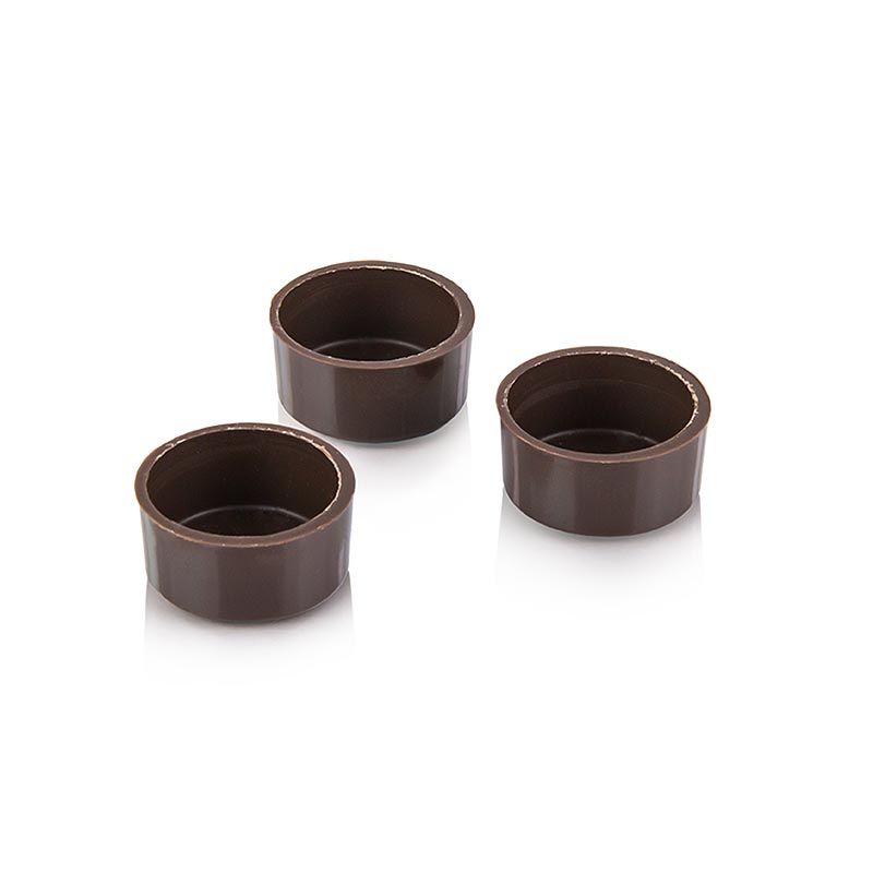 Demi-coques de pralinés, rondes, noir, ø 29x14mm, Läderach, 2,038 kg, 784 pcs - Ebauches de chocolat noir pour une fabrication rationnelle de pralinés, diamètre en haut 29mm, en bas 26mm, hauteur 14mm, 2,2g/pièce
