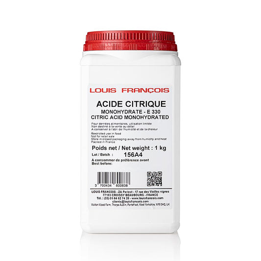 Acidifiant acide citrique (E330) de Louis François, 1 kg de poudre, pour la fabrication d'additifs alimentaires aromatiques, acides ou de longue conservation