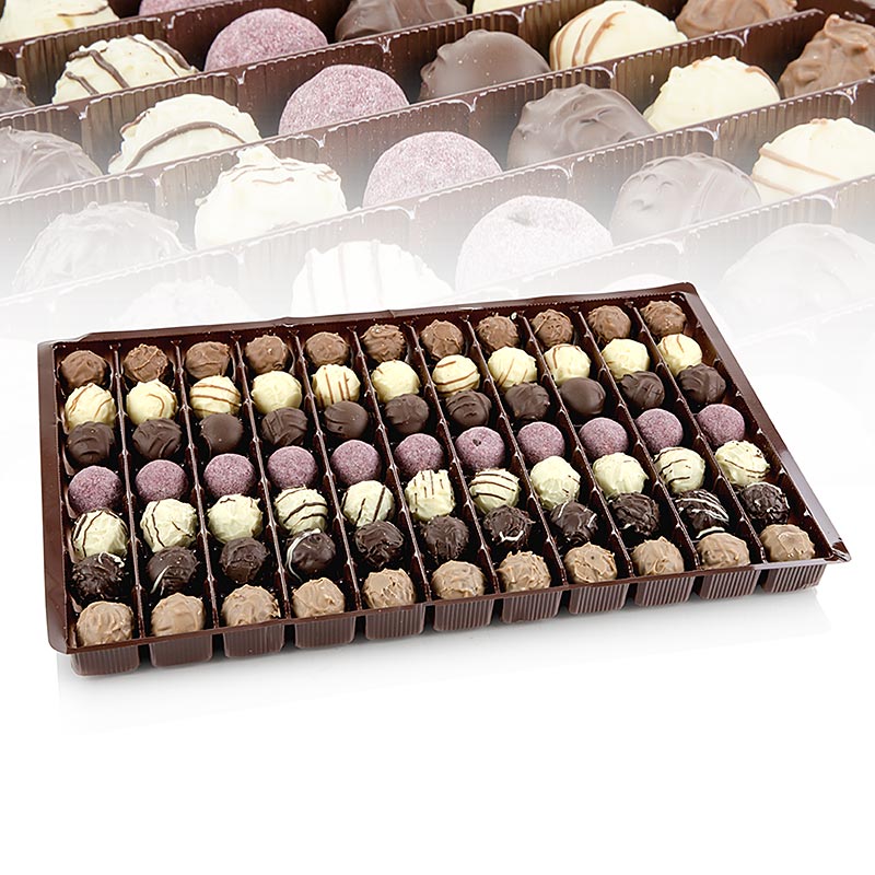 Mélange de pralines à la truffe avec 7 sortes : kirsch, liqueur aux œufs, caramel à l'orange, kir royal, cappuccino, café moka, calvados Environ 11 pièces par sorte Délicieux entre-deux ou avec le café