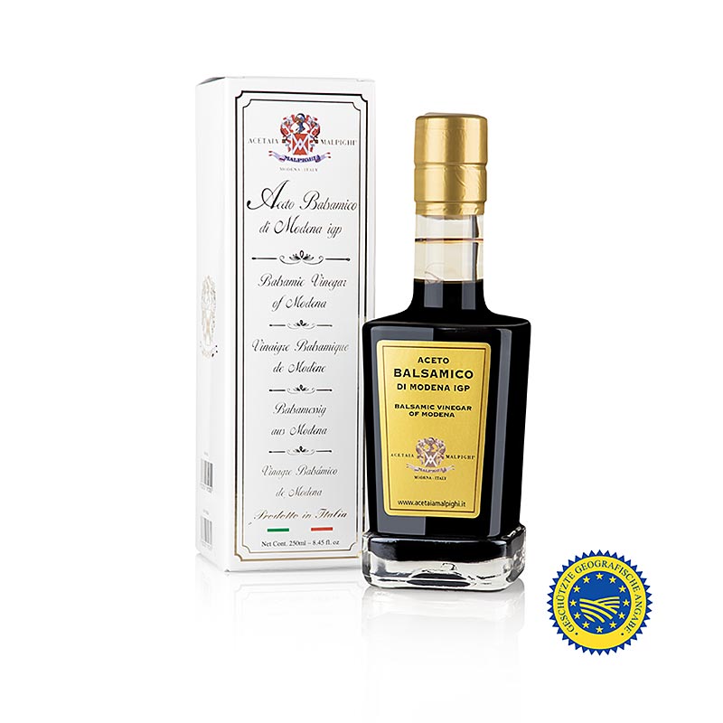 Bouteille de Aceto Balsamico di Modena IGP/ggA, Or, 15 ans de Malpighi, 250 ml, idéal pour les spécialités au fromage, le filet de bœuf, le carpaccio et même la glace à la fraise, goût intense et équilibré, polyvalent dans la cuisine, disponible en Suisse