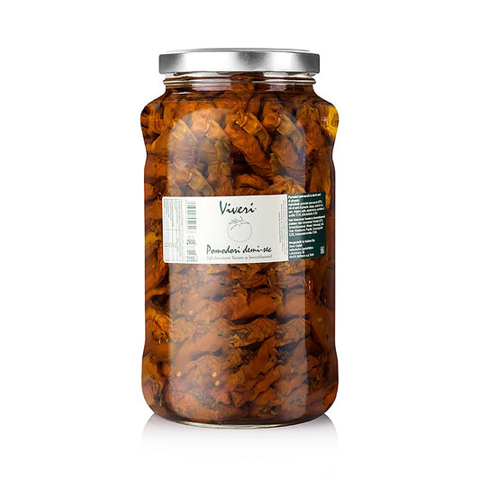 Tomates semi-séchées marinées, à l'huile de tournesol, 2,9 kg - Tomates charnues et fruitées marinées dans de l'huile de tournesol, du vinaigre de vin et des herbes aromatiques, sans colorants ni conservateurs Convient pour accompagner les plats froids, les antipasti et pour affiner les sauces