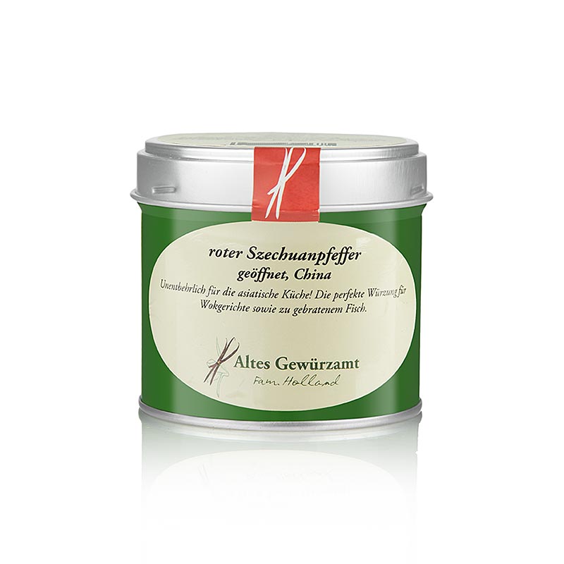 Poivre du Sichuan (poivre de montagne), rouge, ouvert, Altes Gewürzamt, 35 g - Une épice exotique à l'arôme puissant et citronné, parfaite pour la cuisine asiatique et les plats au wok avec du bœuf, de la volaille et du poisson Trouve la recette Gâteau liquide dans le livre Mes épices d'Ingo Holland
