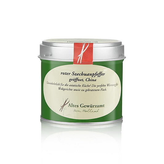 Poivre du Sichuan (poivre de montagne), rouge, ouvert, Altes Gewürzamt, 35 g - Une épice exotique à l'arôme puissant et citronné, parfaite pour la cuisine asiatique et les plats au wok avec du bœuf, de la volaille et du poisson Trouve la recette Gâteau liquide dans le livre Mes épices d'Ingo Holland