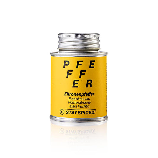 Saupoudreuse avec 70 g de préparation d'épices au poivre au citron, intensément fruitée et citronnée, polyvalente pour le poisson, les salades, les escalopes et les desserts, confère aux plats un petit quelque chose en plus.