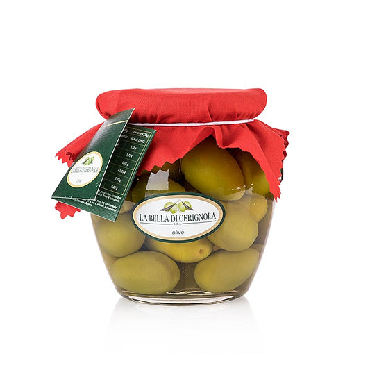 Olives vertes géantes de la variété Bella di Cerignola des Pouilles, à la chair abondante et au goût doux, en saumure, 580 g