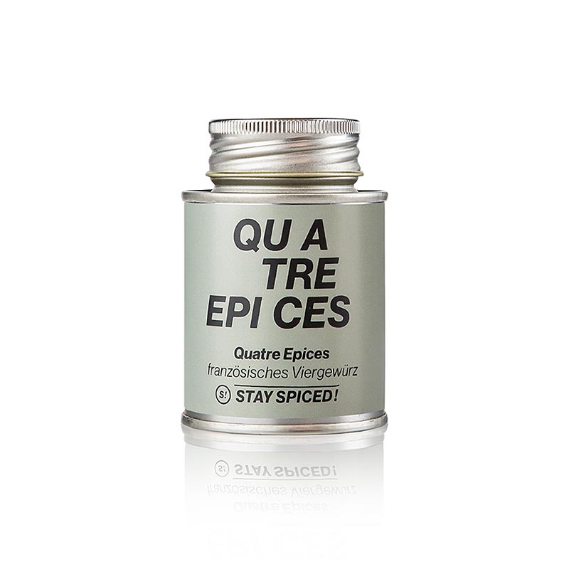 Mélange d'épices Stay Spiced ! Quatre Epices, mélange d'épices, boîte à saupoudrer, 80 g avec poivre de Malabar et cannelle de Cassia pour les plats de gibier, les pâtés, le pain d'épices et plus encore