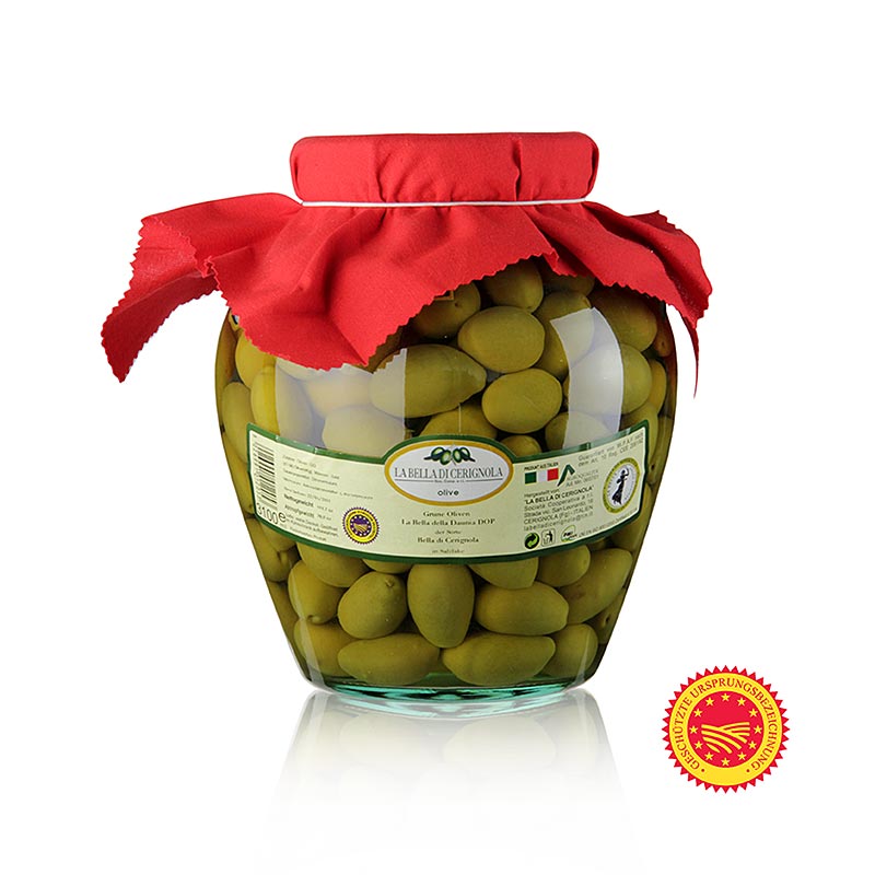 Olives vertes dénoyautées, Bella della Daunia, en saumure, Pouilles, 3,14 kg - olives de qualité des Pouilles en bocal de 3,14 kg
