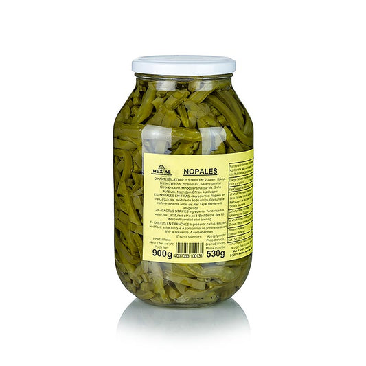 Feuilles de cactus conservées en saumure et coupées en lamelles, idéales pour les salades et les plats mexicains.
